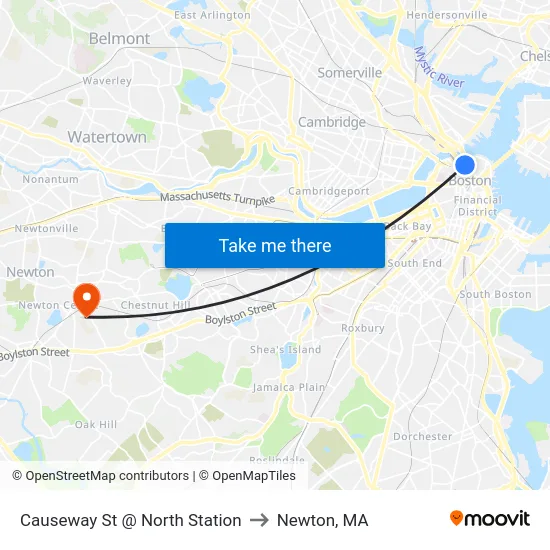 Causeway St @ North Station to Newton, MA map