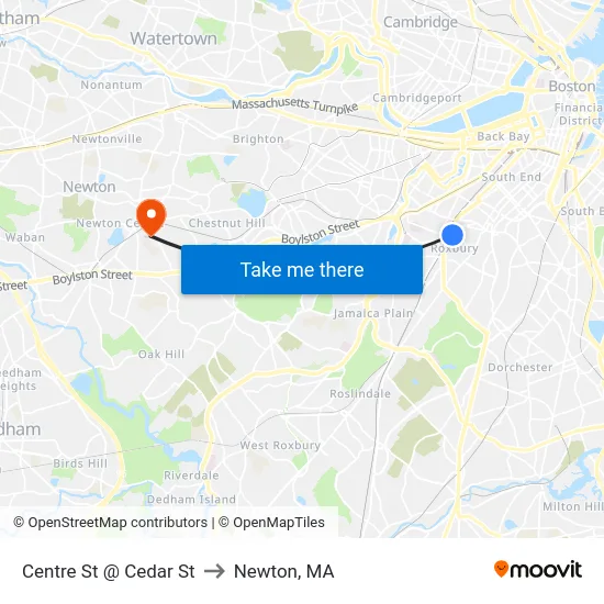Centre St @ Cedar St to Newton, MA map