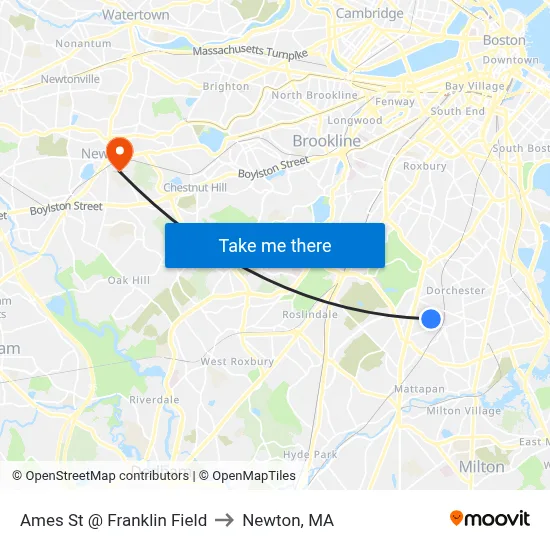 Ames St @ Franklin Field to Newton, MA map