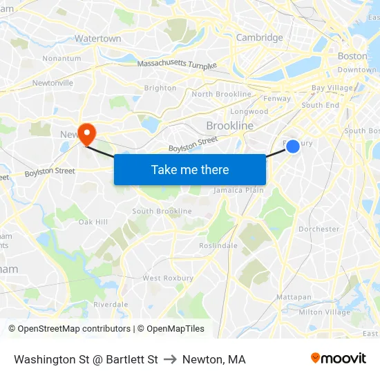 Washington St @ Bartlett St to Newton, MA map