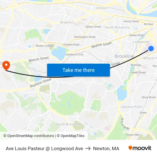 Ave Louis Pasteur @ Longwood Ave to Newton, MA map