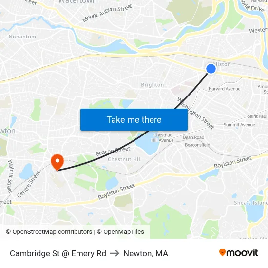 Cambridge St @ Emery Rd to Newton, MA map