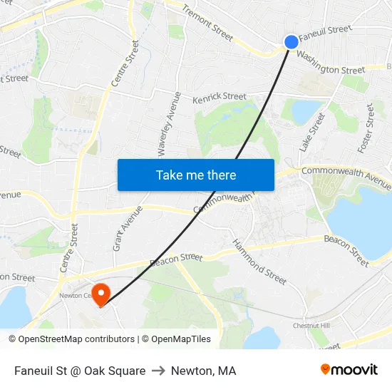 Faneuil St @ Oak Square to Newton, MA map