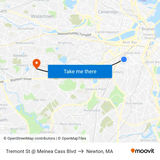 Tremont St @ Melnea Cass Blvd to Newton, MA map