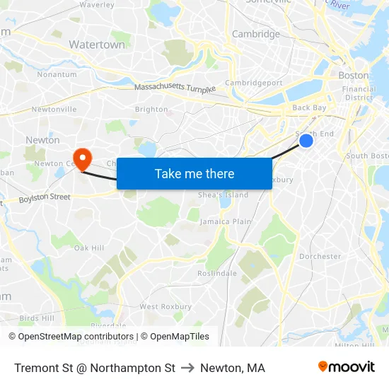 Tremont St @ Northampton St to Newton, MA map