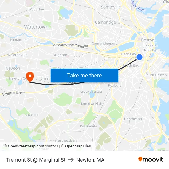 Tremont St @ Marginal St to Newton, MA map