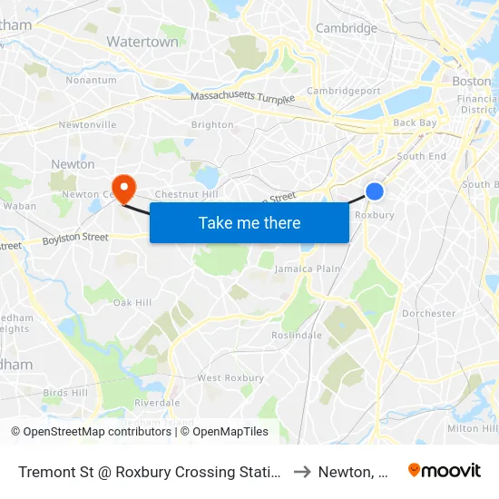 Tremont St @ Roxbury Crossing Station to Newton, MA map