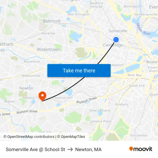 Somerville Ave @ School St to Newton, MA map