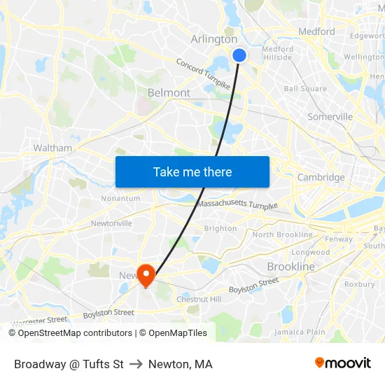 Broadway @ Tufts St to Newton, MA map