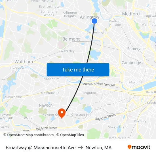Broadway @ Massachusetts Ave to Newton, MA map