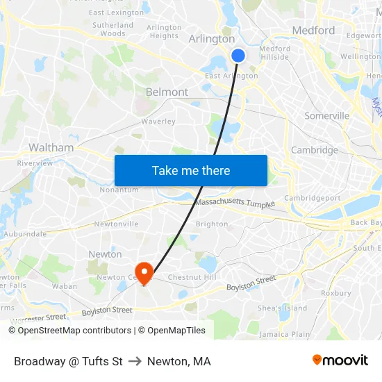 Broadway @ Tufts St to Newton, MA map