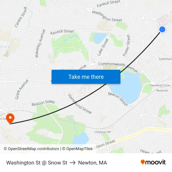 Washington St @ Snow St to Newton, MA map