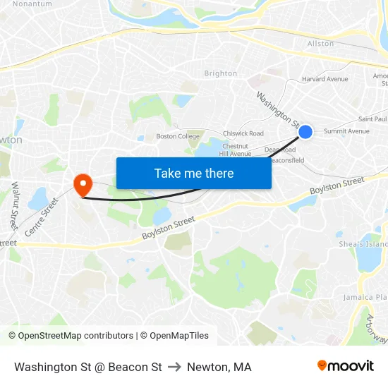 Washington St @ Beacon St to Newton, MA map