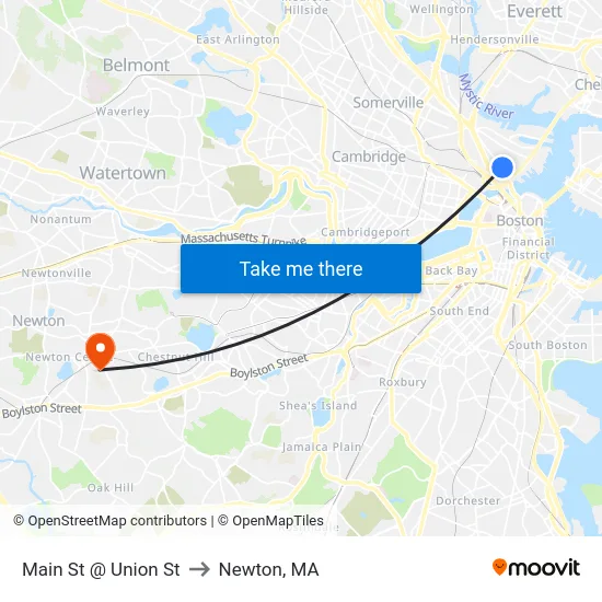 Main St @ Union St to Newton, MA map