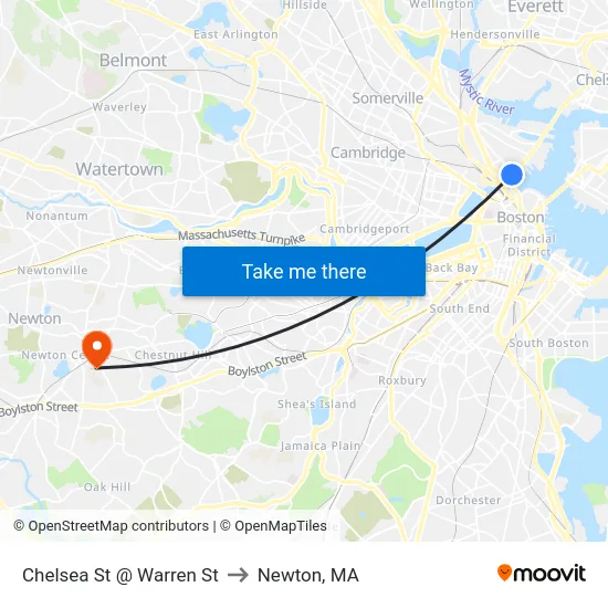 Chelsea St @ Warren St to Newton, MA map