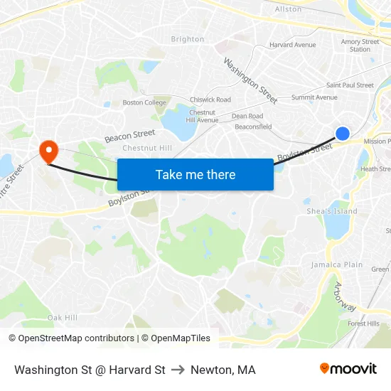 Washington St @ Harvard St to Newton, MA map