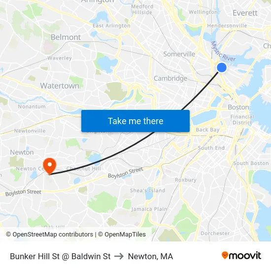 Bunker Hill St @ Baldwin St to Newton, MA map