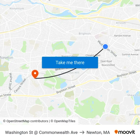 Washington St @ Commonwealth Ave to Newton, MA map