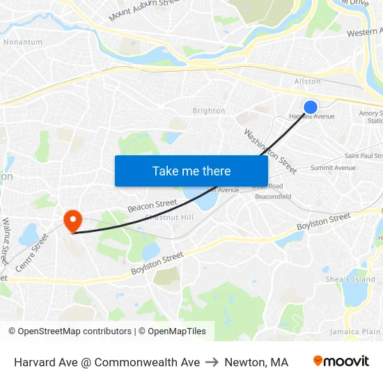 Harvard Ave @ Commonwealth Ave to Newton, MA map