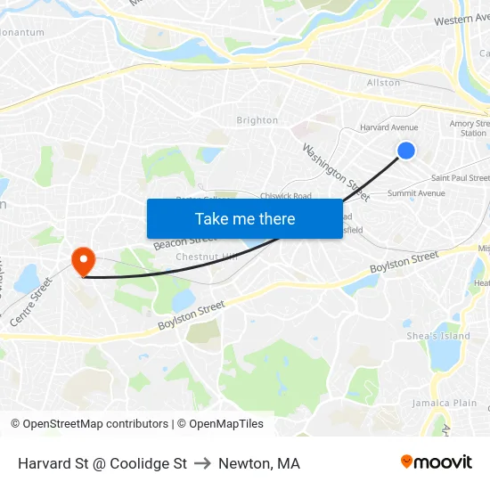 Harvard St @ Coolidge St to Newton, MA map