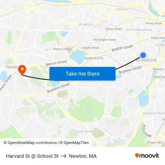 Harvard St @ School St to Newton, MA map