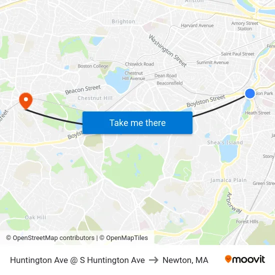 Huntington Ave @ S Huntington Ave to Newton, MA map
