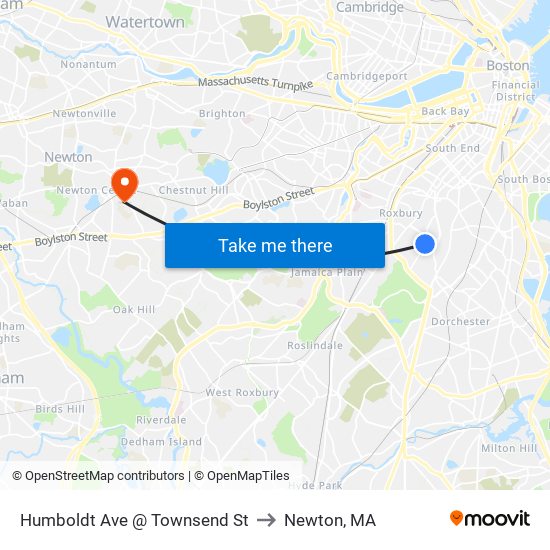 Humboldt Ave @ Townsend St to Newton, MA map