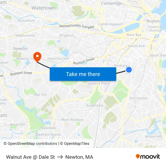 Walnut Ave @ Dale St to Newton, MA map