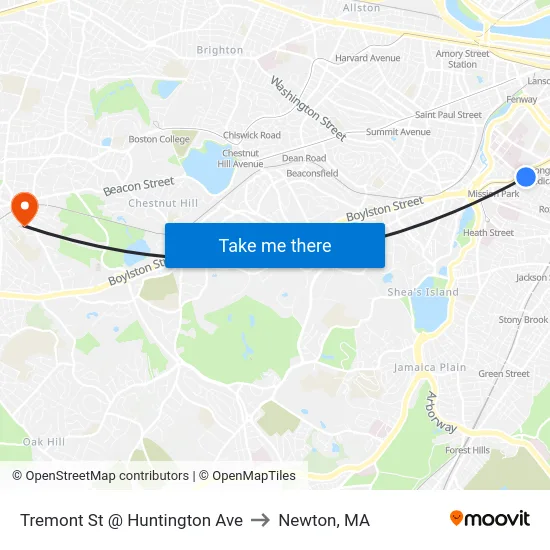 Tremont St @ Huntington Ave to Newton, MA map