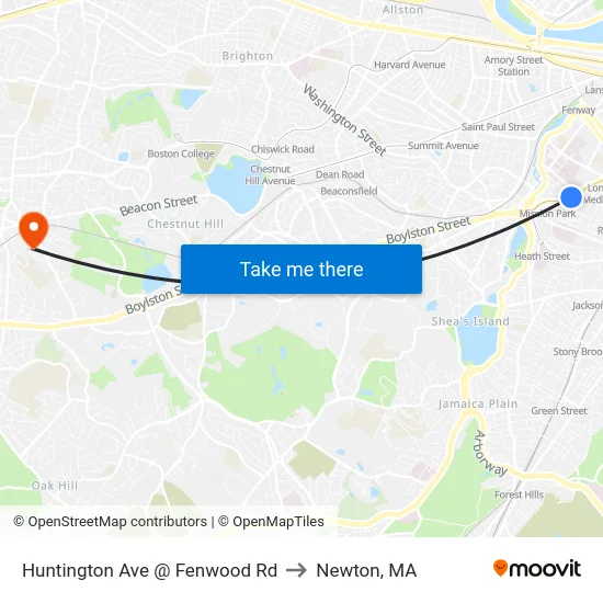 Huntington Ave @ Fenwood Rd to Newton, MA map