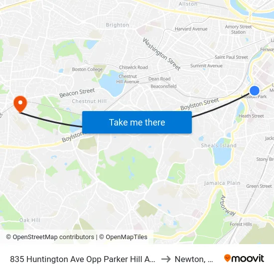 835 Huntington Ave Opp Parker Hill Ave to Newton, MA map