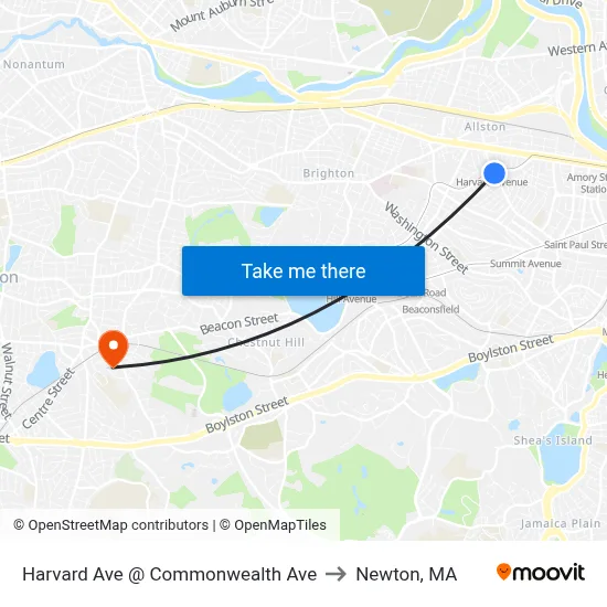 Harvard Ave @ Commonwealth Ave to Newton, MA map