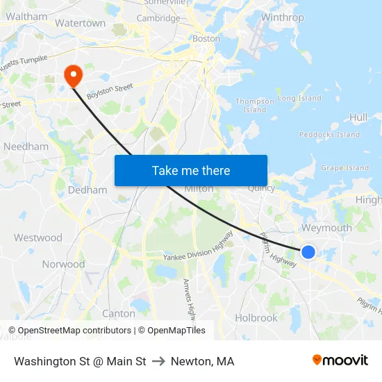 Washington St @ Main St to Newton, MA map