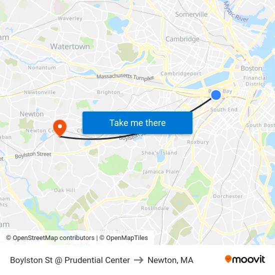 Boylston St @ Prudential Center to Newton, MA map