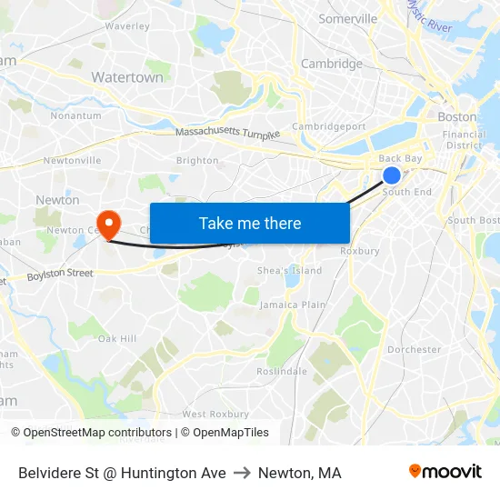 Belvidere St @ Huntington Ave to Newton, MA map