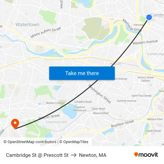 Cambridge St @ Prescott St to Newton, MA map