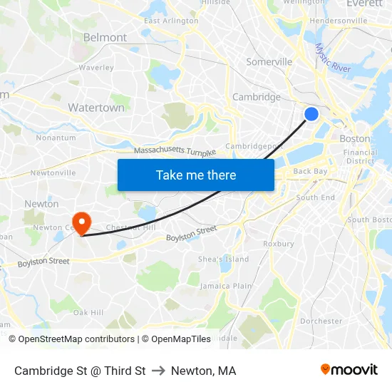 Cambridge St @ Third St to Newton, MA map