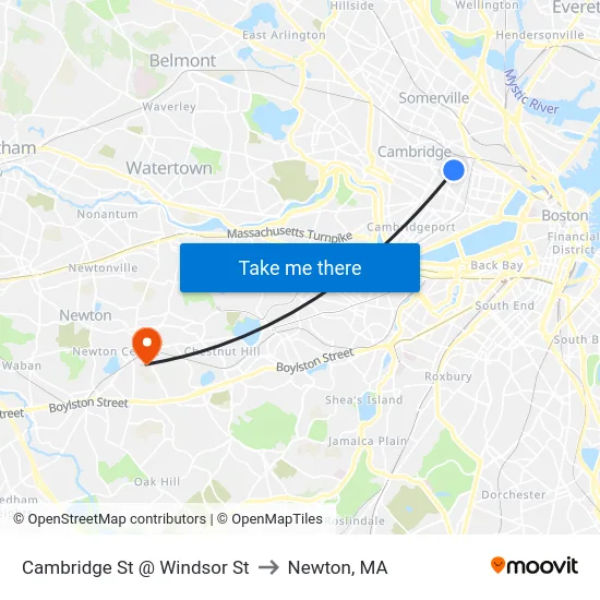 Cambridge St @ Windsor St to Newton, MA map