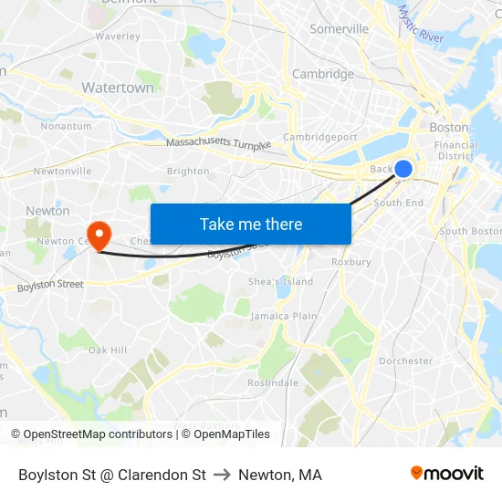 Boylston St @ Clarendon St to Newton, MA map