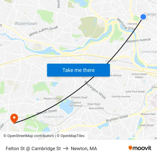 Felton St @ Cambridge St to Newton, MA map