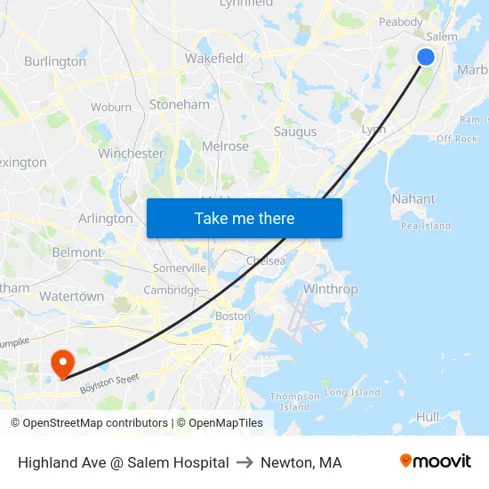 Highland Ave @ Salem Hospital to Newton, MA map