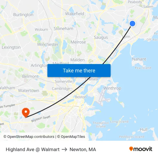 Highland Ave @ Walmart to Newton, MA map