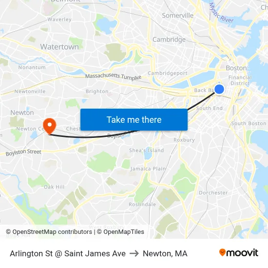 Arlington St @ Saint James Ave to Newton, MA map