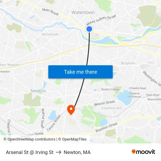 Arsenal St @ Irving St to Newton, MA map