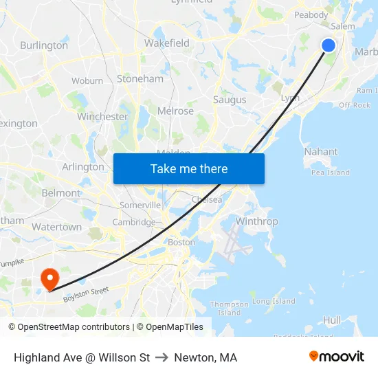 Highland Ave @ Willson St to Newton, MA map
