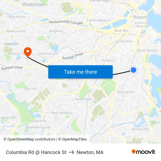 Columbia Rd @ Hancock St to Newton, MA map
