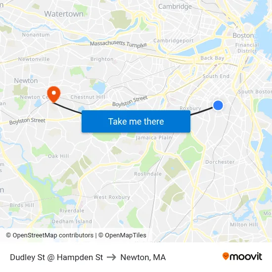 Dudley St @ Hampden St to Newton, MA map