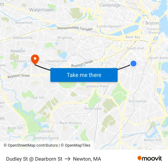 Dudley St @ Dearborn St to Newton, MA map