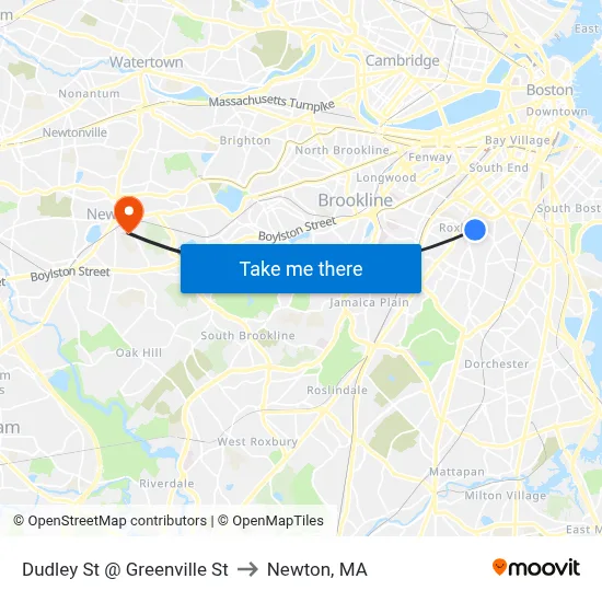 Dudley St @ Greenville St to Newton, MA map