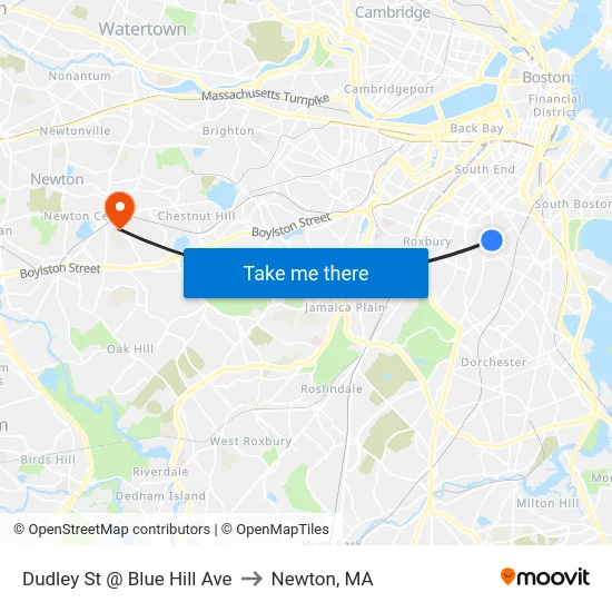 Dudley St @ Blue Hill Ave to Newton, MA map